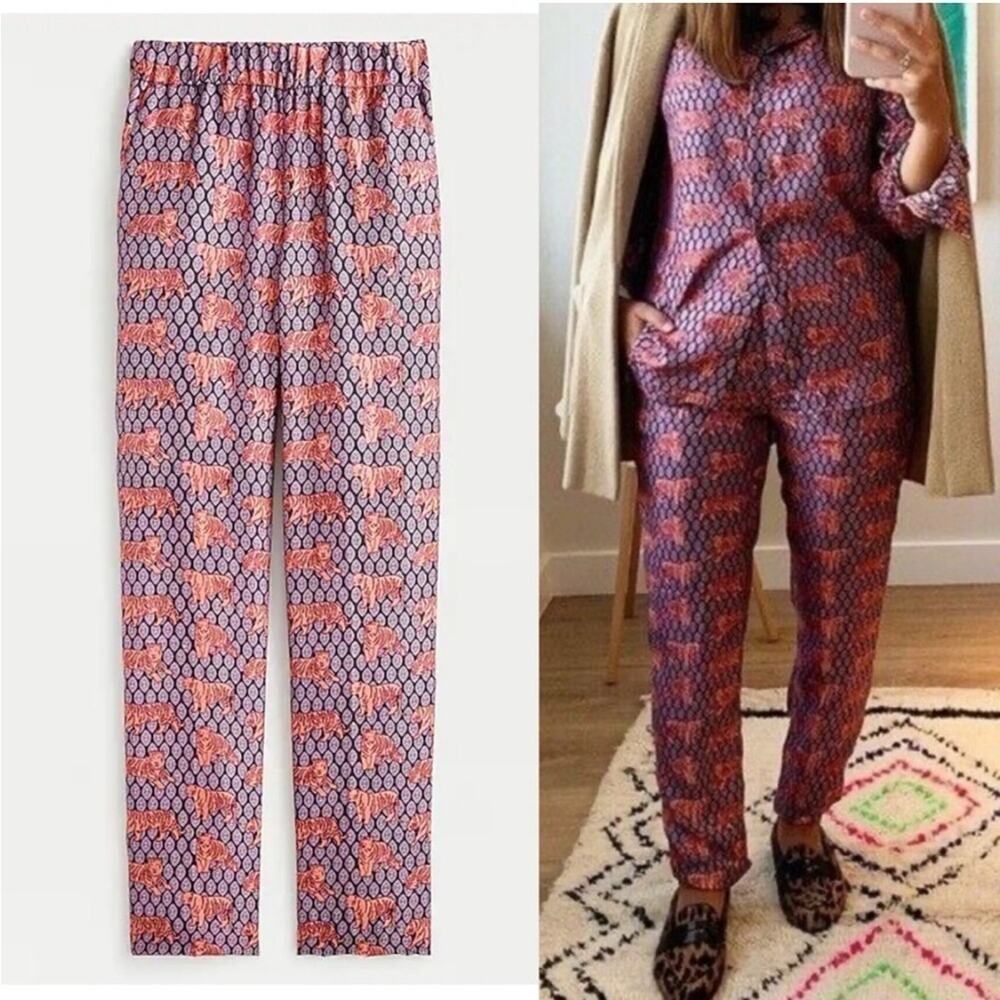 J. Crew Collection Pull On Easy Pant Silk Roaming Tigers Animal Novelty Print